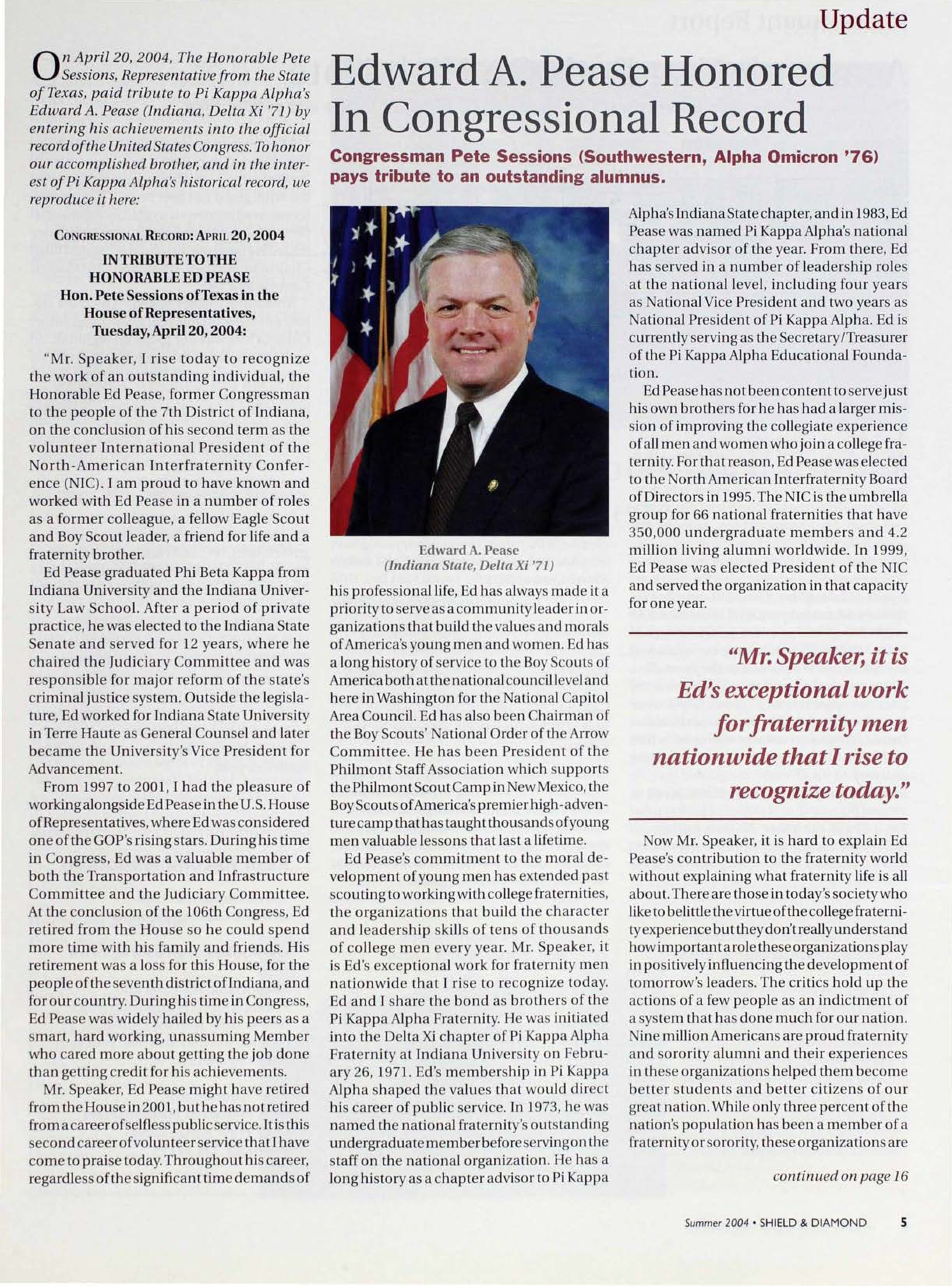 Update: Edward A. Pease Honored in Congressional Record